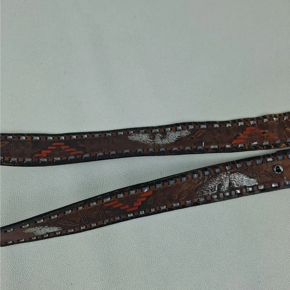 Vtg Cinturones Ada Mexico Hand Tooled Leather Belt Size 36 Eagle Western Worn